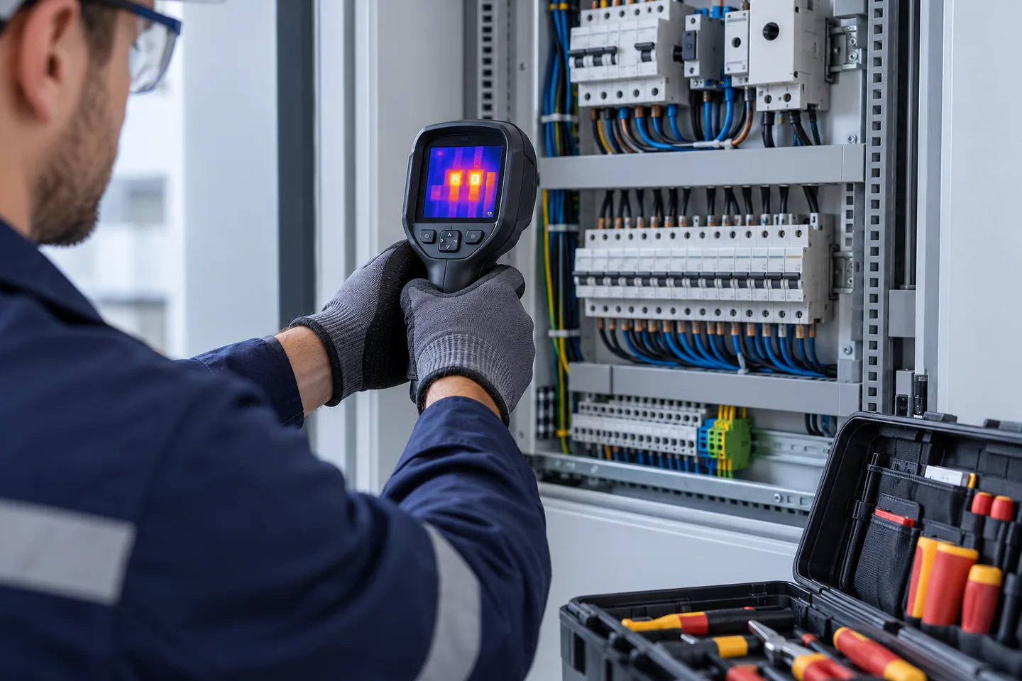 Elektrik panosunun termal kamera ile kontrolünü gösteren temsili görsel