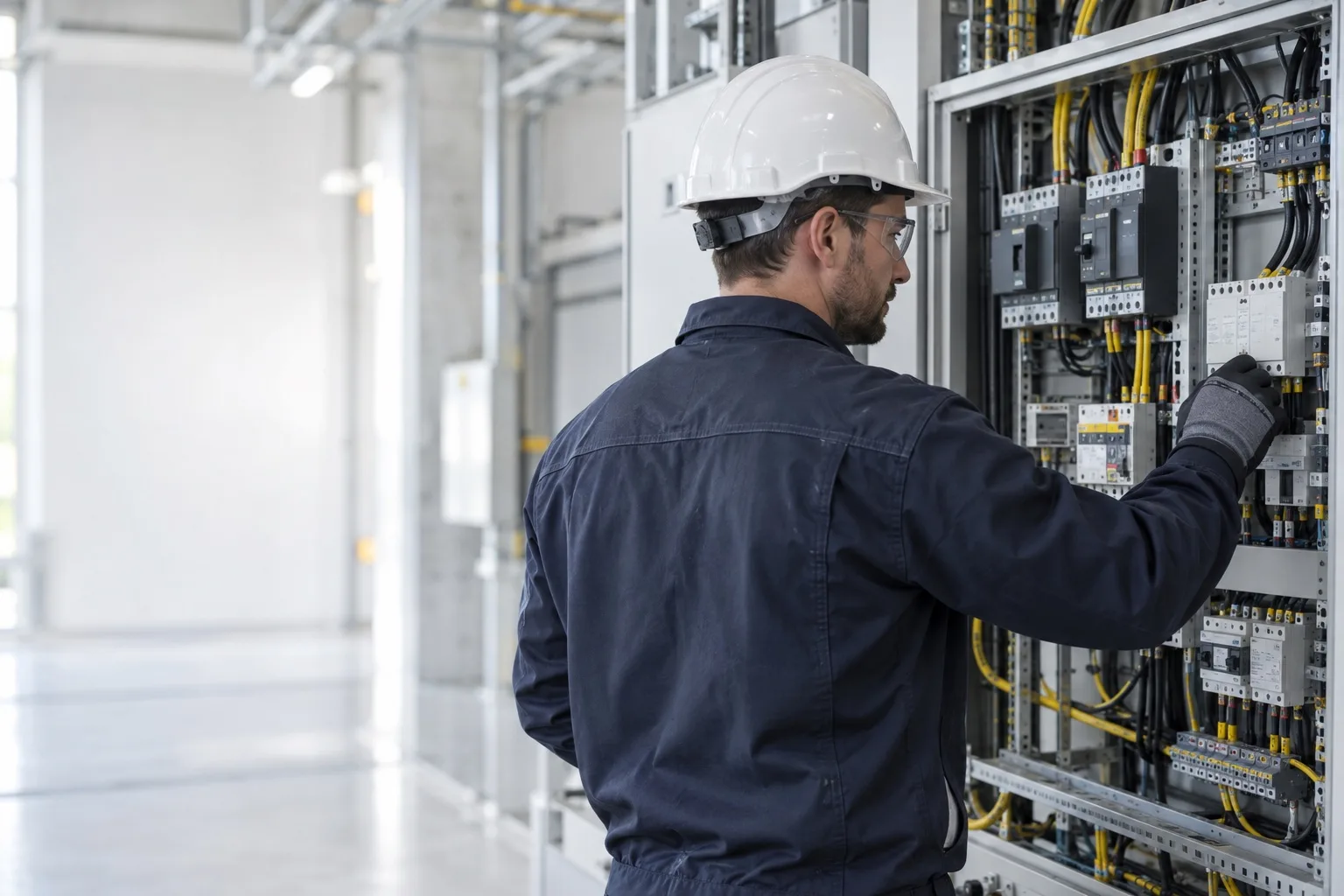 Elektrik panosu üzerinde çalışan elektrikçi